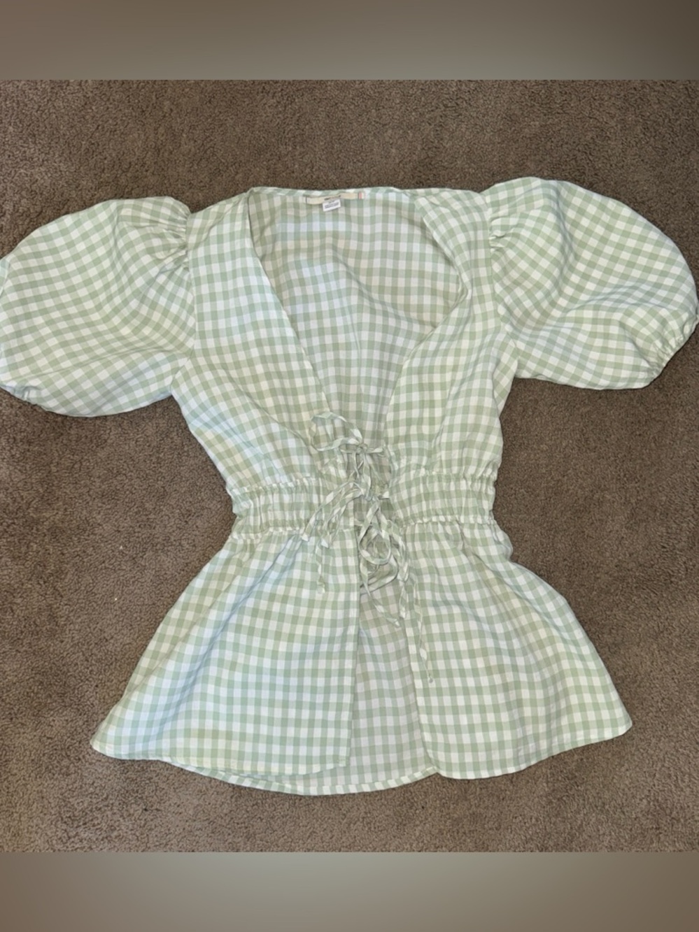 “Kimchi Blue” Light Green Gingham Tie-Front Blouse